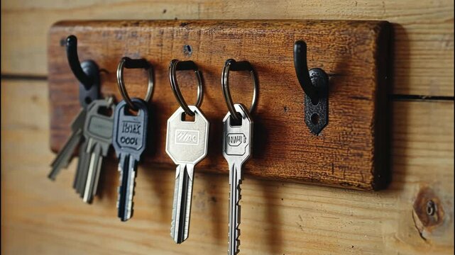 Key hooks mounted on rustic wooden board near door entrance. 