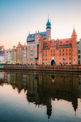 Gdansk with Motlawa river in Poland. Old town colourful house with Holy Spirit Gate