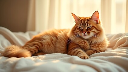 Fluffy tabby cat basking in golden sunlight, warm beige tones, soft focus, serene atmosphere, detailed fur texture, relaxed posture, minimalist background, cozy ambiance, high-resolution