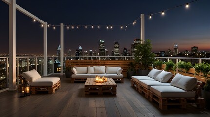 A large rooftop terrace with wooden pallets, white furniture, and fairy lights overlooking the city at night. generative.ai