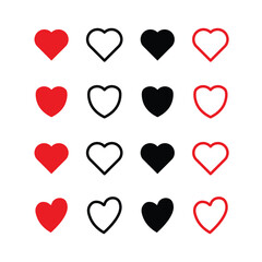 Set of heart in red and black color, heart icon set, different shapes of heart, love, romance, vector illustration isolated on white background
