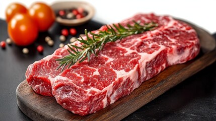 Premium Cut Raw Beef Steaks on Wooden Board with Marbling Detail for Cooking and Food Photography