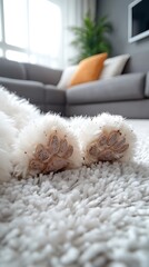 Dog paws on a fluffy carpet in a modern living room