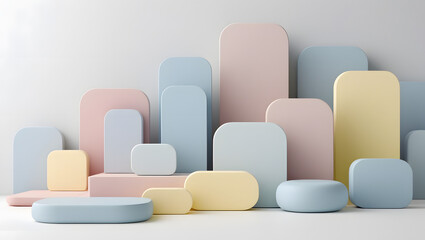 4K minimal abstract block wallpaper, soft rounded rectangles arranged in balanced composition, pastel tones (dusty rose, powder blue, soft yellow), white background, clean UI-inspired layout