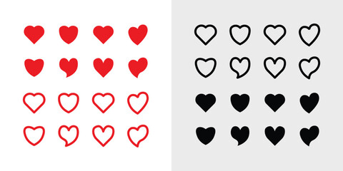 Heart Vector icon set, Set of heart, Collection of heart, fill in red and black, outline in red and black different heart shapes