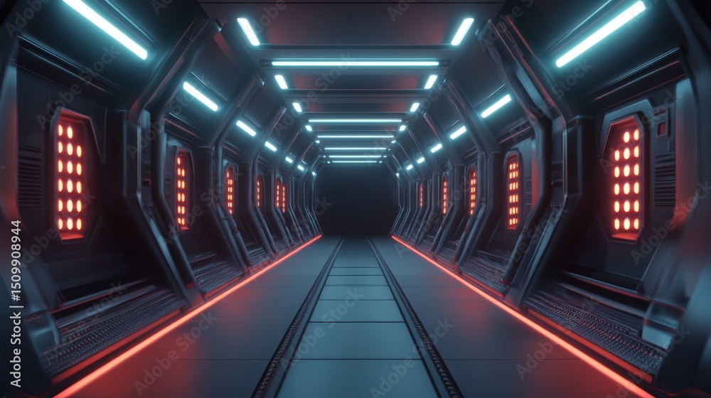 Leinwandbilder A subway tunnel with glowing lights along the walls, creating a symmetrical path with parallel tracks and smooth concrete surfaces, leading to an unknown destination