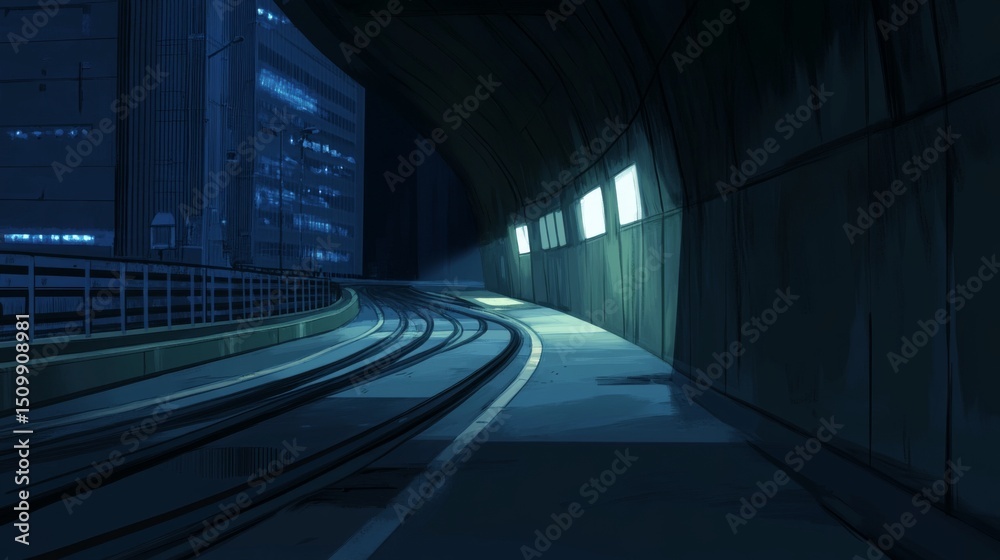Leinwandbilder A subway tunnel with illuminated track rails running through a dark, curved passage, with soft lighting casting shadows on the concrete walls for a dramatic effect