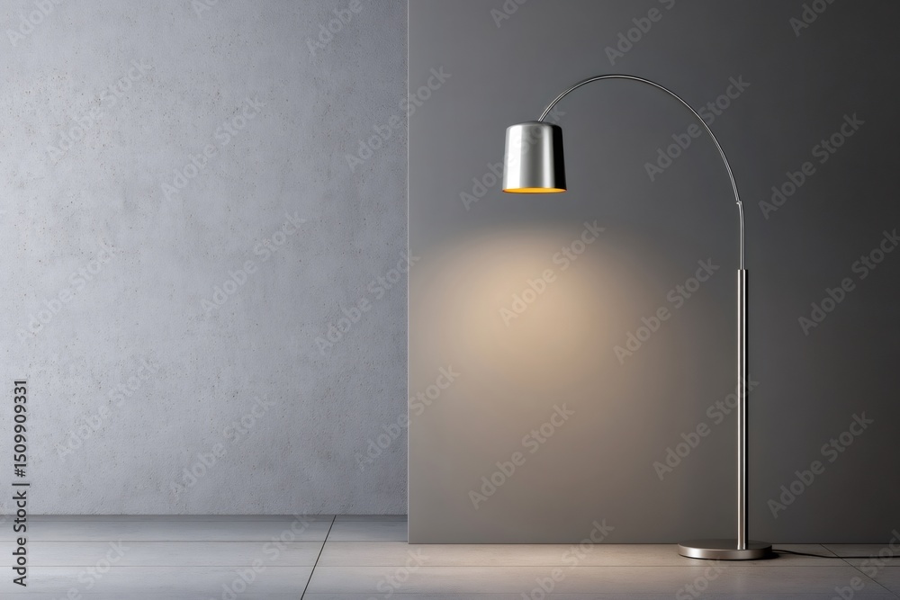 Poster Modern floor lamp illuminating empty room with concrete and gray walls