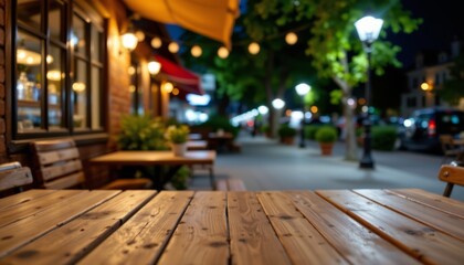 an empty outdoor cafe wooden table at night with a blurred background, subject positioned on the left with clear copy space on the right under white brilliance, perfect for background design or.