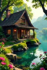 Fototapeta premium Serene Lakeside Log Cabin Retreat A Picturesque Wooden Home Nestled Amongst Lush Greenery and Tranquil Waters