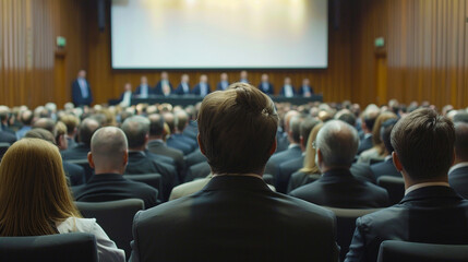Businessmen listening attentively at an annual meeting in a formal conference room