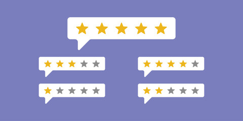 Rating five stars icon with white box, start one to five app rating reviews, product rating reviews best for mobile apps and web design