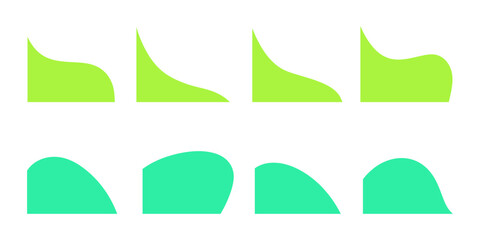 A set of modern shapes of the lower corner dividers, various wavy bends for a banner, website, application, vector illustration. Abstract graphic design elements, icons for the title, frame