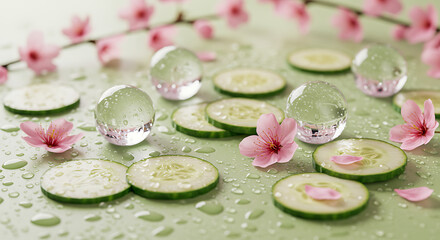 Sliced cucumber with water drops and pink flowers on green surface  