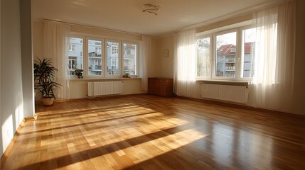 Modern living room with wooden floors and neutral walls, showcasing minimalist design and open space.