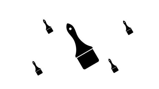 Zoom in and out animation the paint brush symbol. Large black symbol in the center and four small symbols around. Seamless looped 4k animation on white background