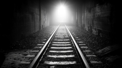 Fototapeta premium A subway tunnel at night with faint lighting at the end, highlighting the long, empty tracks stretching into the distance, surrounded by rough concrete walls