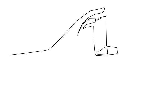 Self drawing animation of continuous one line drawing hand holding asthma inhaler. First aid aids help prevent asthma in small sizes. Helps provide fresh air. World Asthma Day. Full length animated