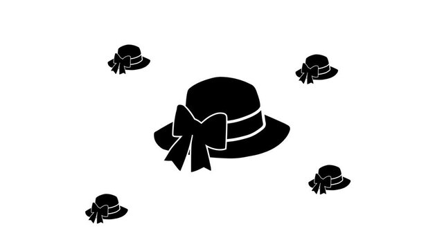 Zoom in and out animation the women's hat symbol. Large black symbol in the center and four small symbols around. Seamless looped 4k animation on white background