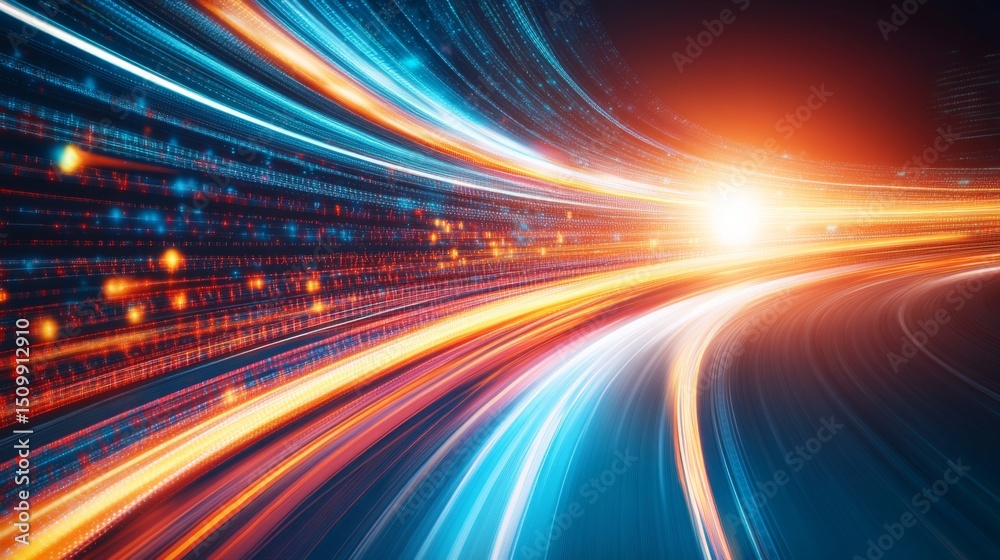 Leinwandbilder A vibrant light streak speeding through a futuristic grid-like space, creating an illusion of rapid movement and light-speed travel through a digital landscape