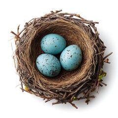 Obraz premium Three speckled blue bird eggs in nest isolated on white background