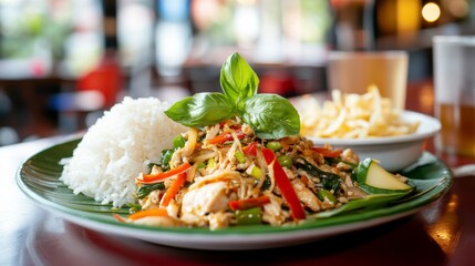 A vibrant plate of Thai basil stir-fried chicken Pad Krapow, garnished with Thai basil leaves, served alongside steamed rice, showcasing the dish's aromatic flavors