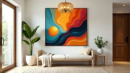Vibrant Abstract Canvas Art Adorns Modern Minimalist Entryway Featuring Natural Light and Stylish Furnishings