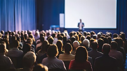 Business conference audience listening to speaker in a dark auditorium
