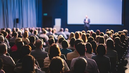Business conference audience listening to speaker in a dark auditorium