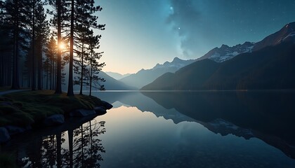 Serene Mountain Lake Landscape with Sunset and Reflection in Nature