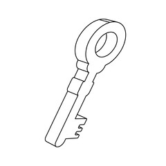 The outline of a large old key symbol is made with black lines. 3D view of the object in perspective. Vector illustration on white background