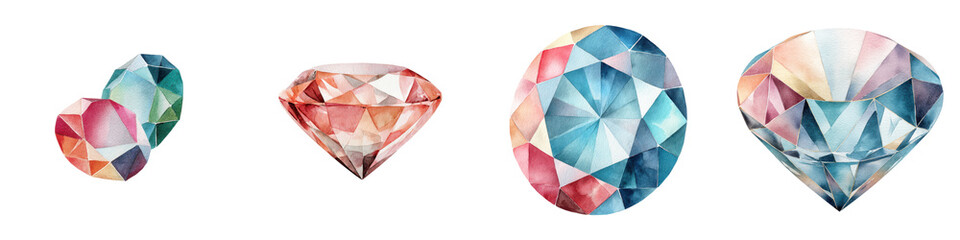 Colorful, sparkling diamonds in various sizes with intricate geometric facets showcasing vibrant hues, perfect for elegant design projects, jewelry, and decorative arts.