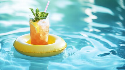 Floating pool drink holder with tropical drink and mint.