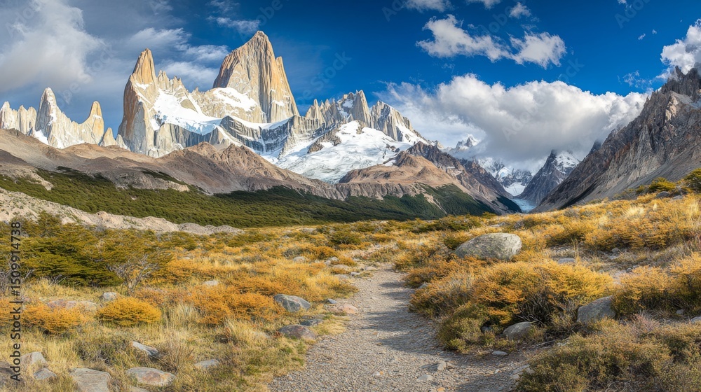Poster A wide shot of a high-altitude mountain range with sharp peaks and valleys, partially covered in clouds, creating a mystical and dramatic landscape