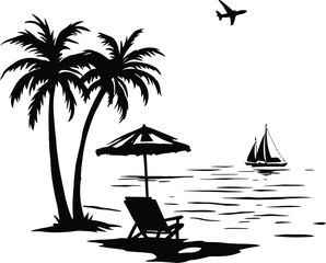 Tropical Vacation & Leisure Symbol Set Featuring a Relaxing Beach Scene with Two Palm Trees, A Lounge Chair Under an Umbrella, A Sailboat on the Ocean, and An Airplane Flying Overhead