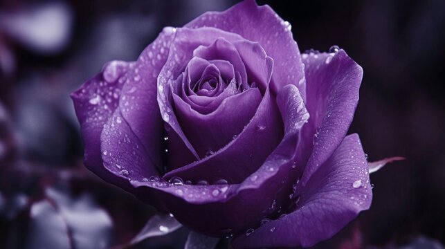 Close-up of a blooming purple rose with water droplets clinging to its petals, set against a blurred garden backdrop