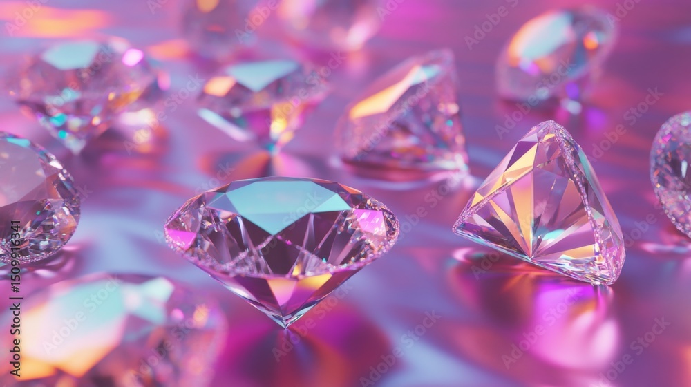 Poster diamonds scattered on a metallic background, their facets reflecting light in a dazzling array of ra