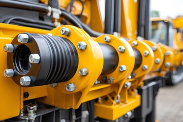 Close up of hydraulic system on heavy machinery, highlighting flexible connection, flanges, and bolts
