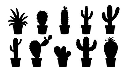 Cactus in pots silhouette