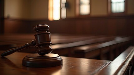 Obraz premium Gavel on Wooden Desk in Courtroom