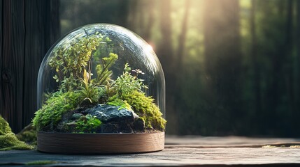 Glass dome terrarium, layered growth, light, wooden background.