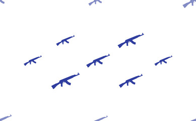 Seamless pattern of large isolated blue assault rifles. The pattern is divided by a line of elements of lighter tones. Illustration on light transparent background