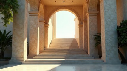 Fototapeta premium Serene Stone Staircase Ascending Towards a Bright Archway, Flanked by Elegant Pillars and Lush Greenery