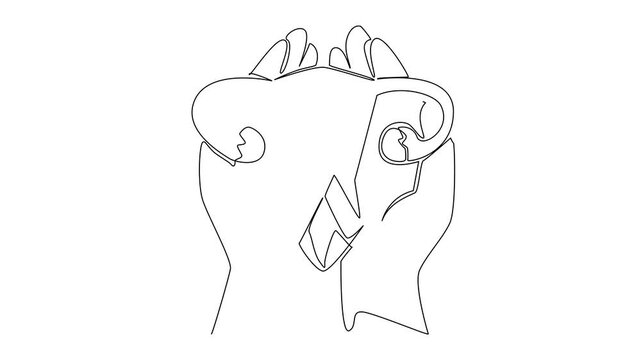 Animated self drawing of single one line drawing open palm with uterus and campaign ribbon. Community concerned about internal organs of women. Charity. World Ovarian Cancer Day. Full length animation