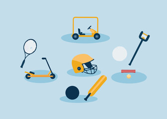 A colorful collection of sports equipment sparking joy and playful energy with a clean vector style and light