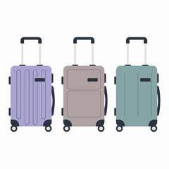 A set of three travel suitcases in different colors. Various types of travel luggage. Family travel suitcases, hand luggage and checked baggage.