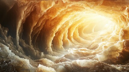 A golden cave passageway leads to a luminous opening.