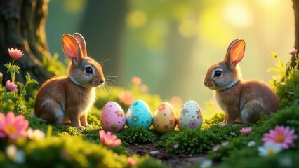 Two adorable bunnies flank a row of festive eggs nestled in a vibrant spring meadow