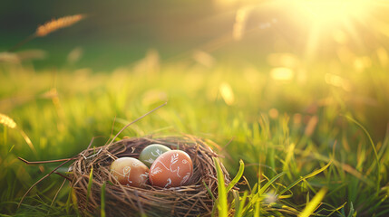 Obraz premium Three painted easter eggs in a birds nest celebrating a Happy Easter on a spring day with a green grass meadow and blurred grass foreground and bright sunlight background with copy space