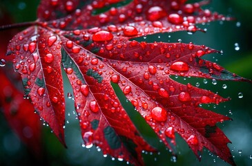 vibrant red leaf with dew drops on a fresh morning